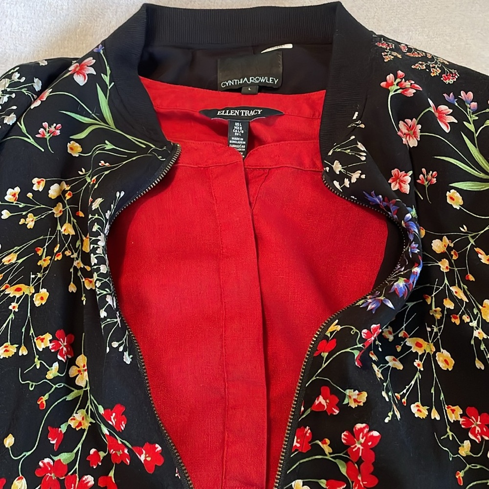 Cynthia Rowley Black Floral Bomber Jacket with Red Lining